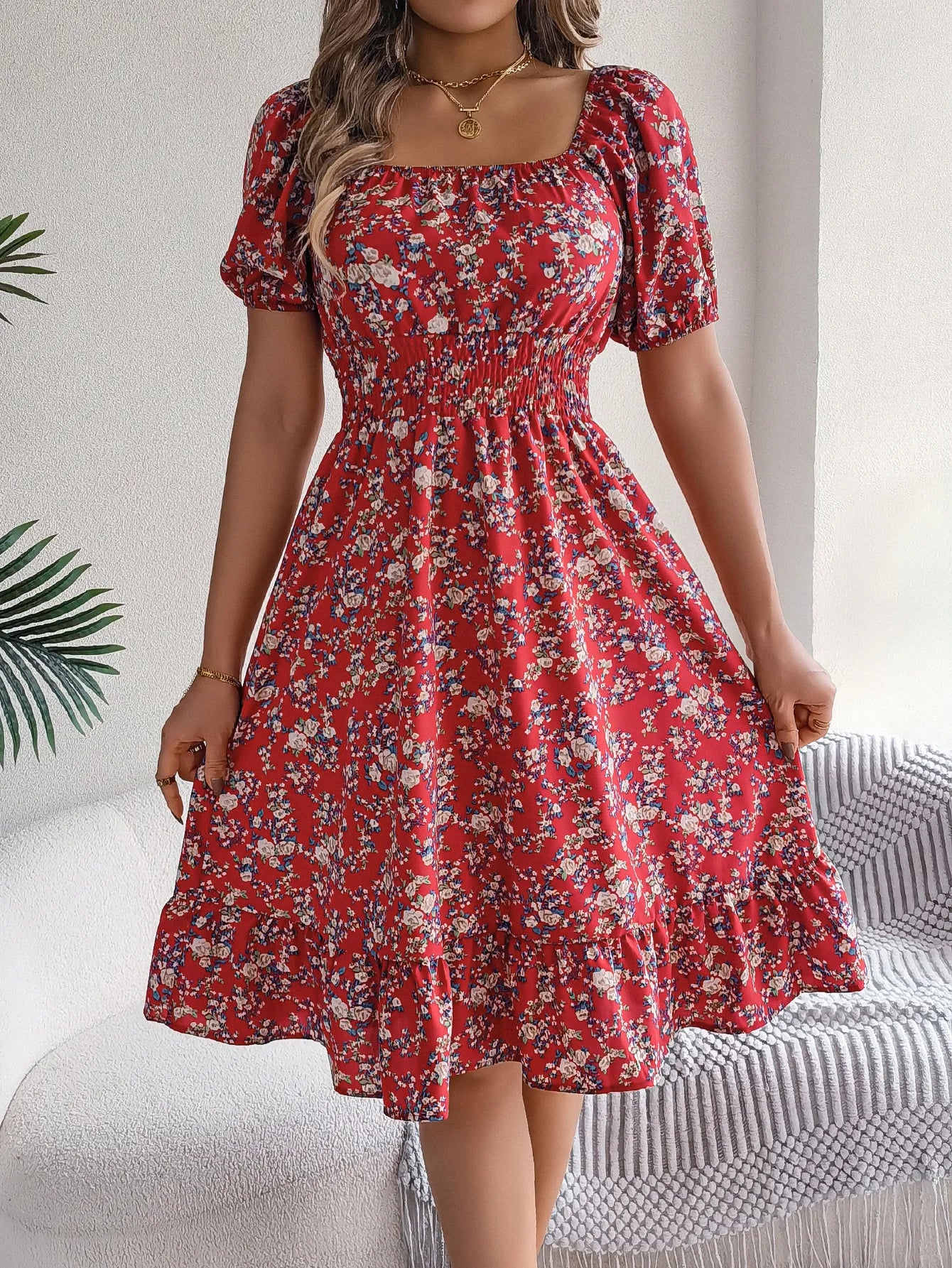 Women's Floral 3D Print Square Neck Dress